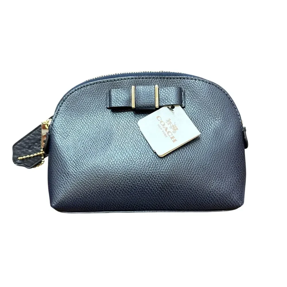 NWT Coach Leather Bow Detail Zipper Cosmetic Case Pouch Navy